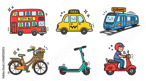 Сolorful doodle city transport icon set with cute urban vehicles