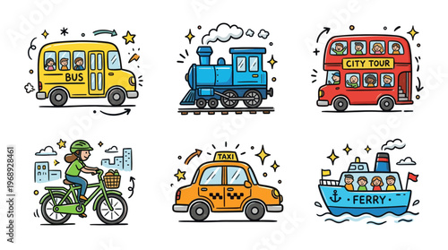 Сolorful doodle city transport icon set with cute urban vehicles