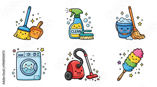 Сolorful doodle cleaning tools icon set with cute household supplies