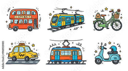 Сolorful doodle city transport icon set with cute urban vehicles