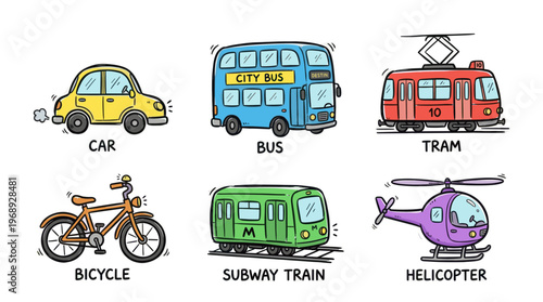 Сolorful doodle city transport icon set with cute urban vehicles