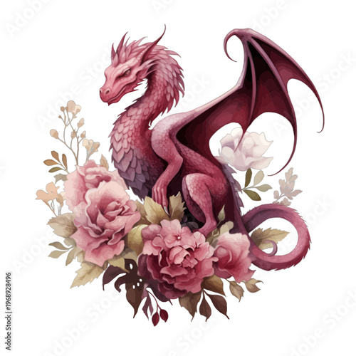 Watercolor Pink Fantasy Dragon Sitting in Pink Rose and Peony Floral Garden Isolated on White
