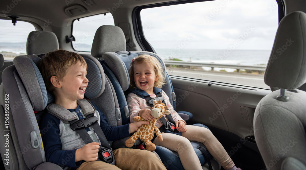 Naklejka premium Happy boy and girl sitting in child car seat during family road trip. Children secured in vehicle restraint system for travel safety. Automotive transportation and parenting concept.
