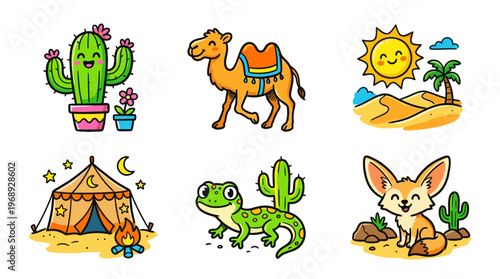 Colorful doodle desert icon set with cactus sun camel and oasis