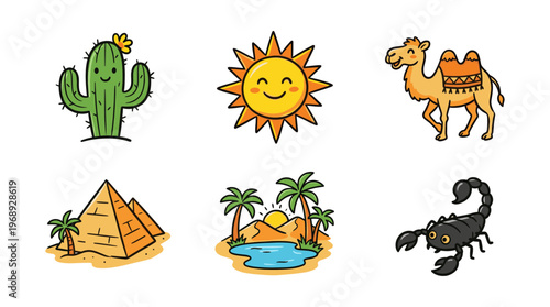 Colorful doodle desert icon set with cactus sun camel and oasis
