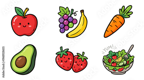 Colorful doodle healthy food icon set with cute fruits and vegetables