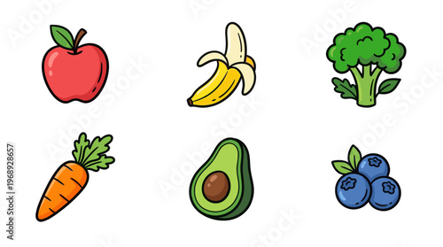 Colorful doodle healthy food icon set with cute fruits and vegetables