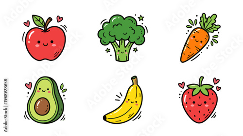Colorful doodle healthy food icon set with cute fruits and vegetables