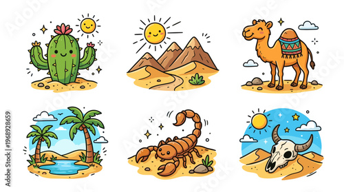 Colorful doodle desert icon set with cactus sun camel and oasis