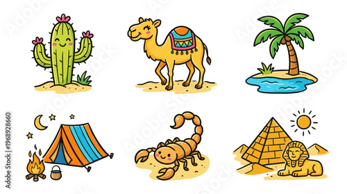 Colorful doodle desert icon set with cactus sun camel and oasis