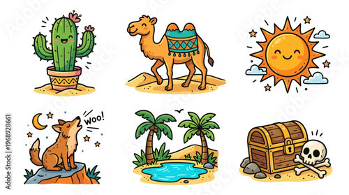 Colorful doodle desert icon set with cactus sun camel and oasis