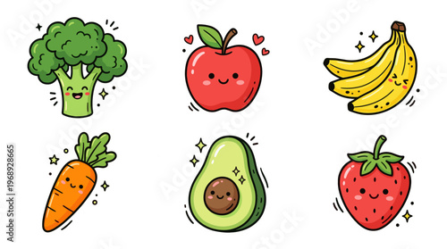Colorful doodle healthy food icon set with cute fruits and vegetables