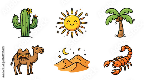 Colorful doodle desert icon set with cactus sun camel and oasis