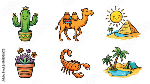 Colorful doodle desert icon set with cactus sun camel and oasis