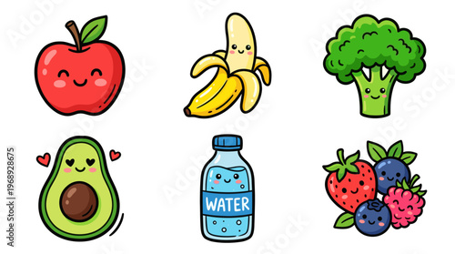 Colorful doodle healthy food icon set with cute fruits and vegetables
