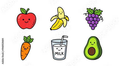 Colorful doodle healthy food icon set with cute fruits and vegetables