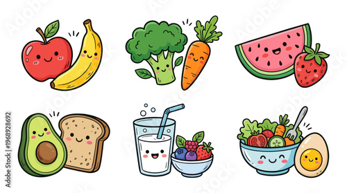 Colorful doodle healthy food icon set with cute fruits and vegetables