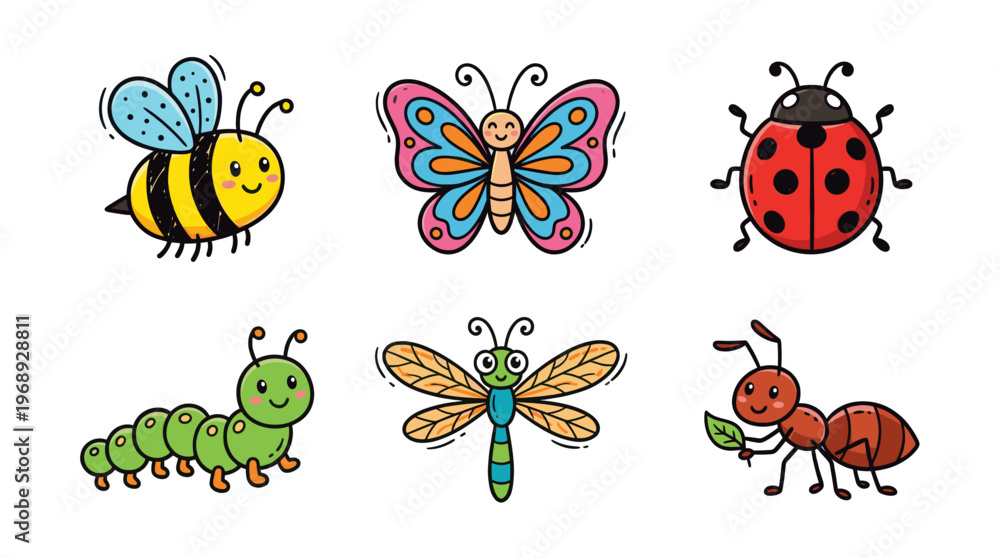 Obraz premium Colorful doodle insect character set with cute cartoon bugs