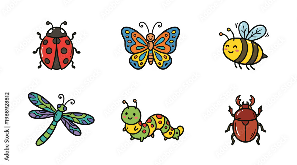 Obraz premium Colorful doodle insect character set with cute cartoon bugs