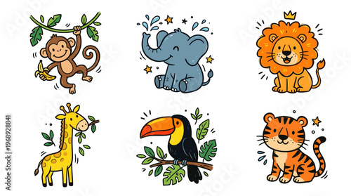 Colorful doodle jungle animal set with cute cartoon wildlife
