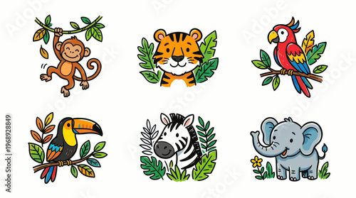 Colorful doodle jungle animal set with cute cartoon wildlife