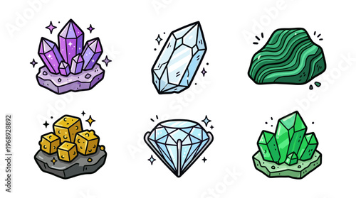 Colorful doodle crystal and mineral set with cute gemstone characters