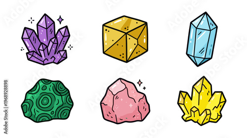 Colorful doodle crystal and mineral set with cute gemstone characters