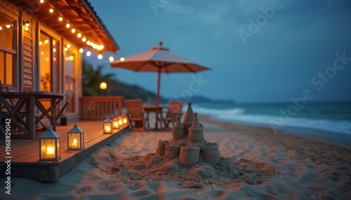 Beach house patio with string lights and lanterns glows warmly. Sandcastle rests on sand by calm ocean waves at twilight. Peaceful seaside vacation ambiance.