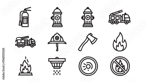 Firefighting Equipment Icons Collection: Extinguisher Hydrants Truck Helmet Axe Flame Sprinkler Detector No Fire Symbol
