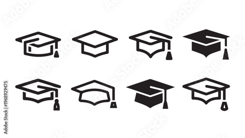 Graduation Caps Icons Set Academic Tassels Education Symbols College Achievement University Graduate Vector Graphics