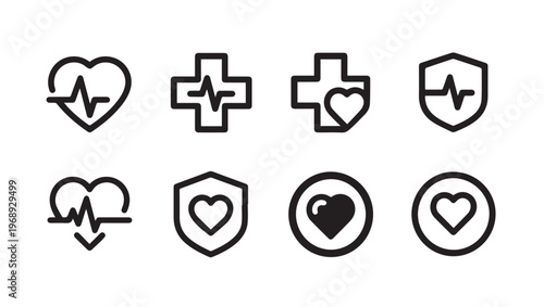 Health Care Icons Set: Heartbeat Cross Shield Circle Symbols for Medical Concepts