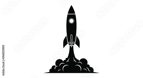Black silhouette rocket ship launching into space with smoke and flames, symbolizing innovation and technological advancement in a modern sleek style