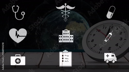 Animation of network of medical icons, clock and globe