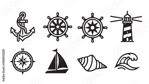 Nautical Icons Set: Anchor Ship Wheel Lighthouse Compass Sailboat Seashell Wave
