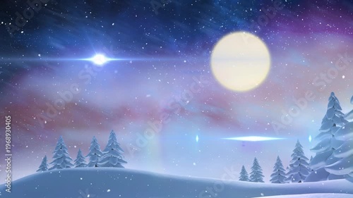 Animation of light trails and snow falling over winter landscape at christmas