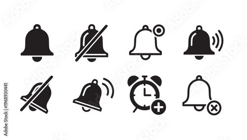 Notification Bell Icons Set: Sound Mute New Alert Alarm Add RemoveStock Graphics