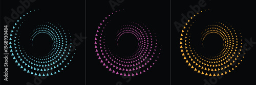 Three vibrant spiral designs composed of colorful triangular shapes against a black background high-quality