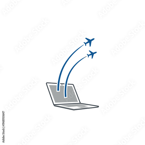 Laptop with Airplanes Flying Upwards Symbolizing Remote Work and Global Travel on an Isolated White Background