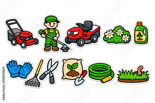 Cartoon garden tools with male gardener and lawn equipment.