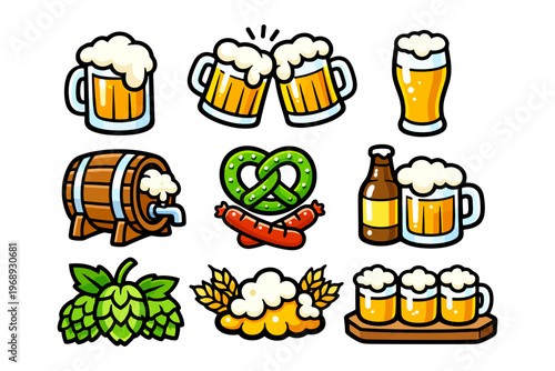 Set of cartoon beer mugs pretzel hops barrel and sausage icons.