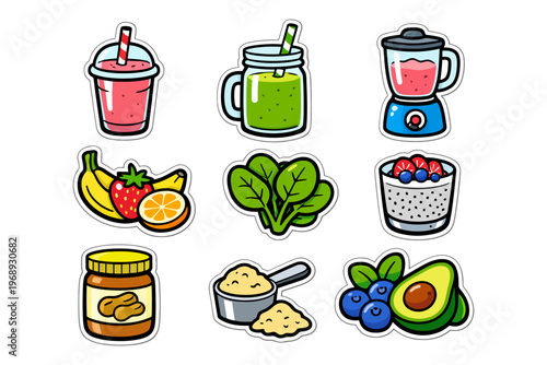Colorful smoothie ingredients and kitchen tools illustration.