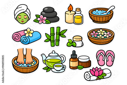 Spa and relaxation icons collection with candles, bamboo, and essential oils.