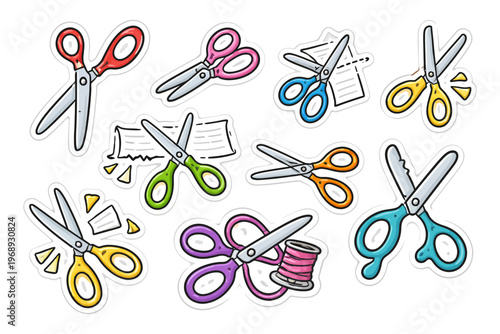 Colorful cartoon scissors and craft supplies collection.