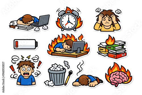 Cartoon burnout and stress illustrations featuring exhausted characters and overwhelming workload.
