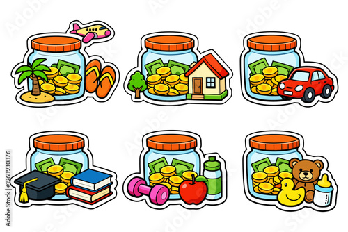 Colorful savings jars with coins and symbols for travel, home, education, fitness, and toys.