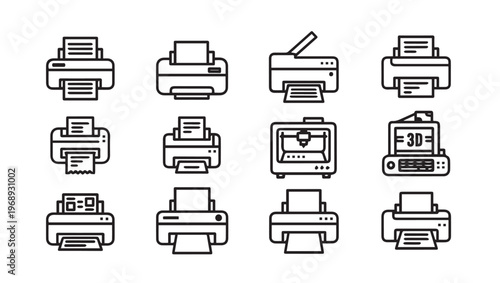 Printer Icons Collection: Various Types Including 3D Printer Scanner Office and Home Devices Line Art Style