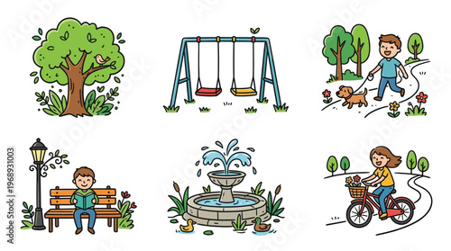 Colorful doodle park activity set with cute outdoor leisure scenes