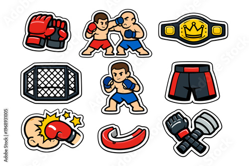 Mixed martial arts stickers: fighters, gear, and symbols.