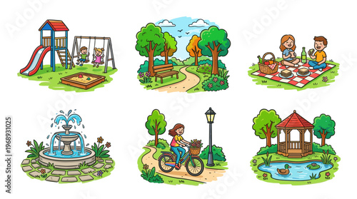 Colorful doodle park activity set with cute outdoor leisure scenes
