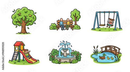 Colorful doodle park activity set with cute outdoor leisure scenes
